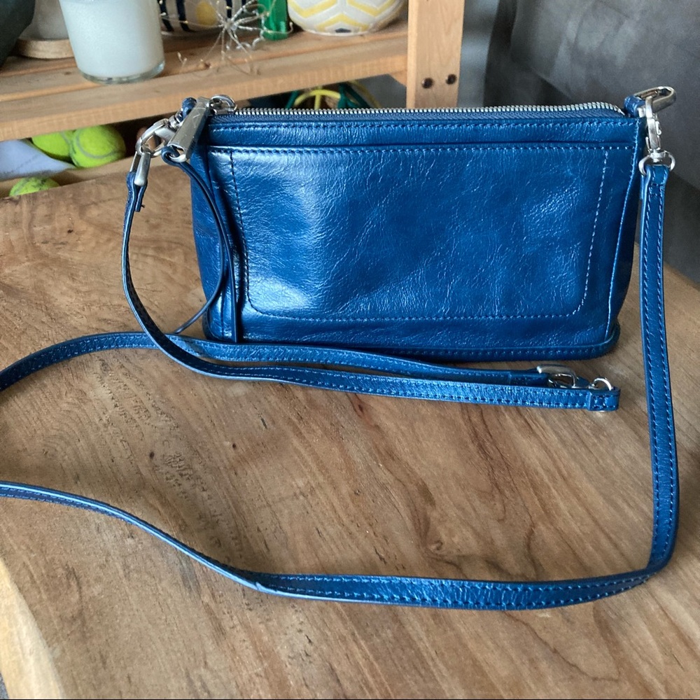 HOBO cadence peacock blue crossbody clutch leather